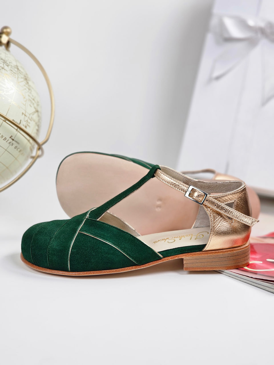 Barefoot Sugar Emerald Suede & Rose Gold Leather 2 cm heel