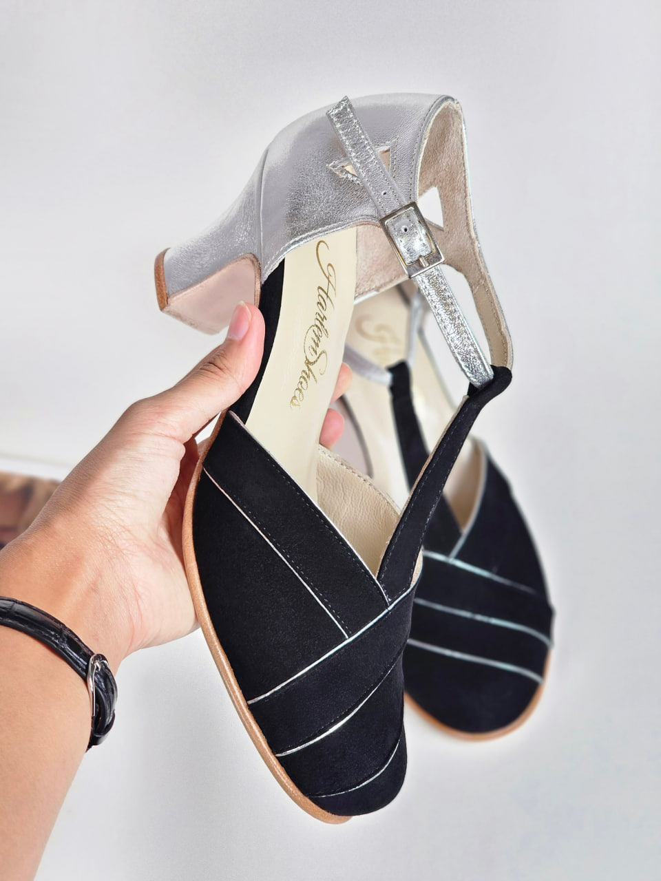 Sugar Black Suede & Silver Leather with Silver Lines 6 cm heel