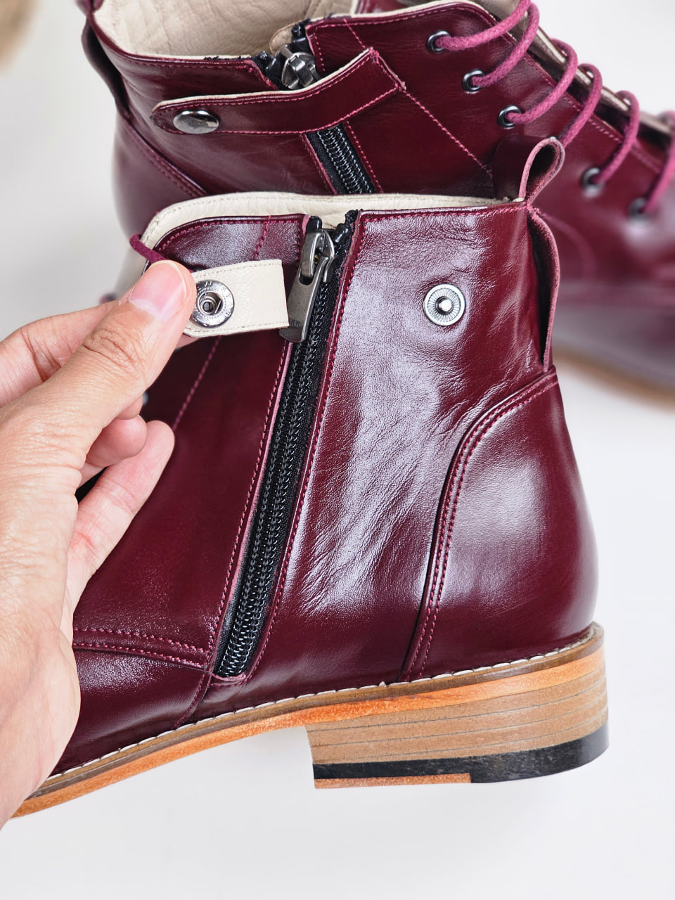 Derby Boots with Zipper Bordeaux Leather 2 cm heel
