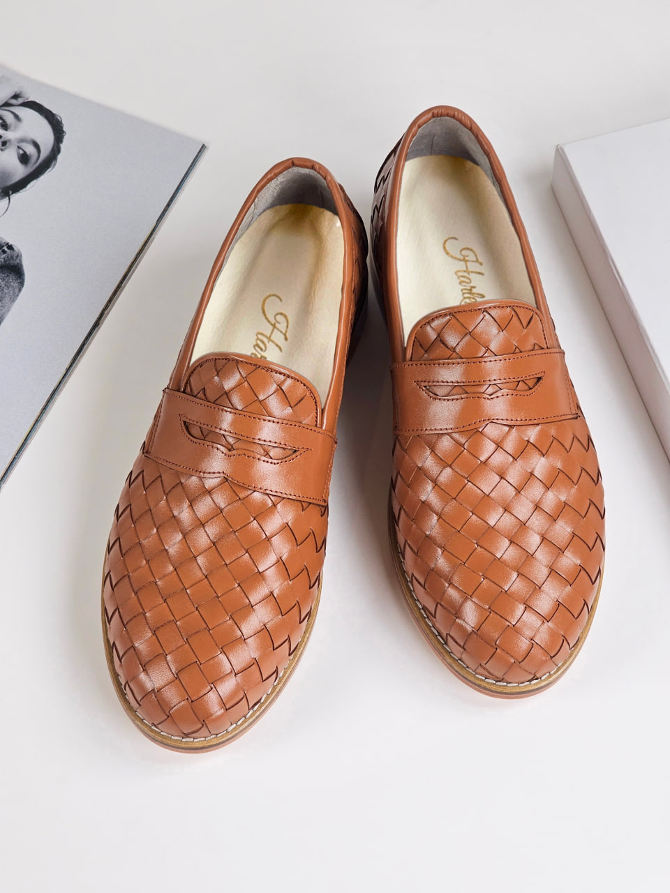 Loafers Light Brown Weave Leather 2 cm heel