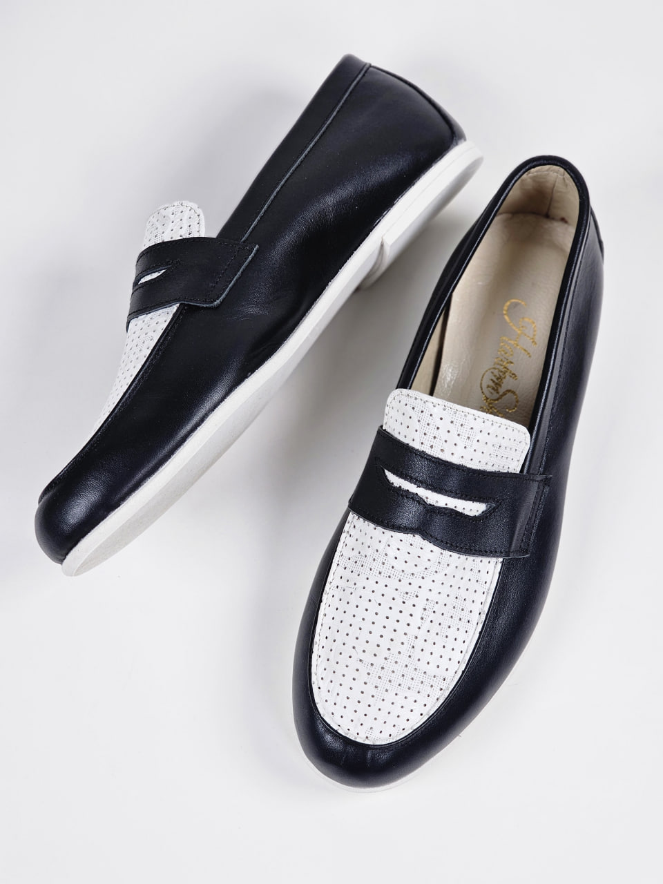 Stock Loafers Black & White Leather with Eva sole