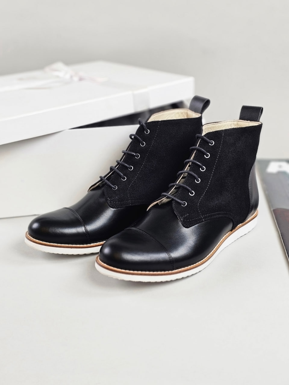 Derby Boots Black Leather & Suede Eva sole