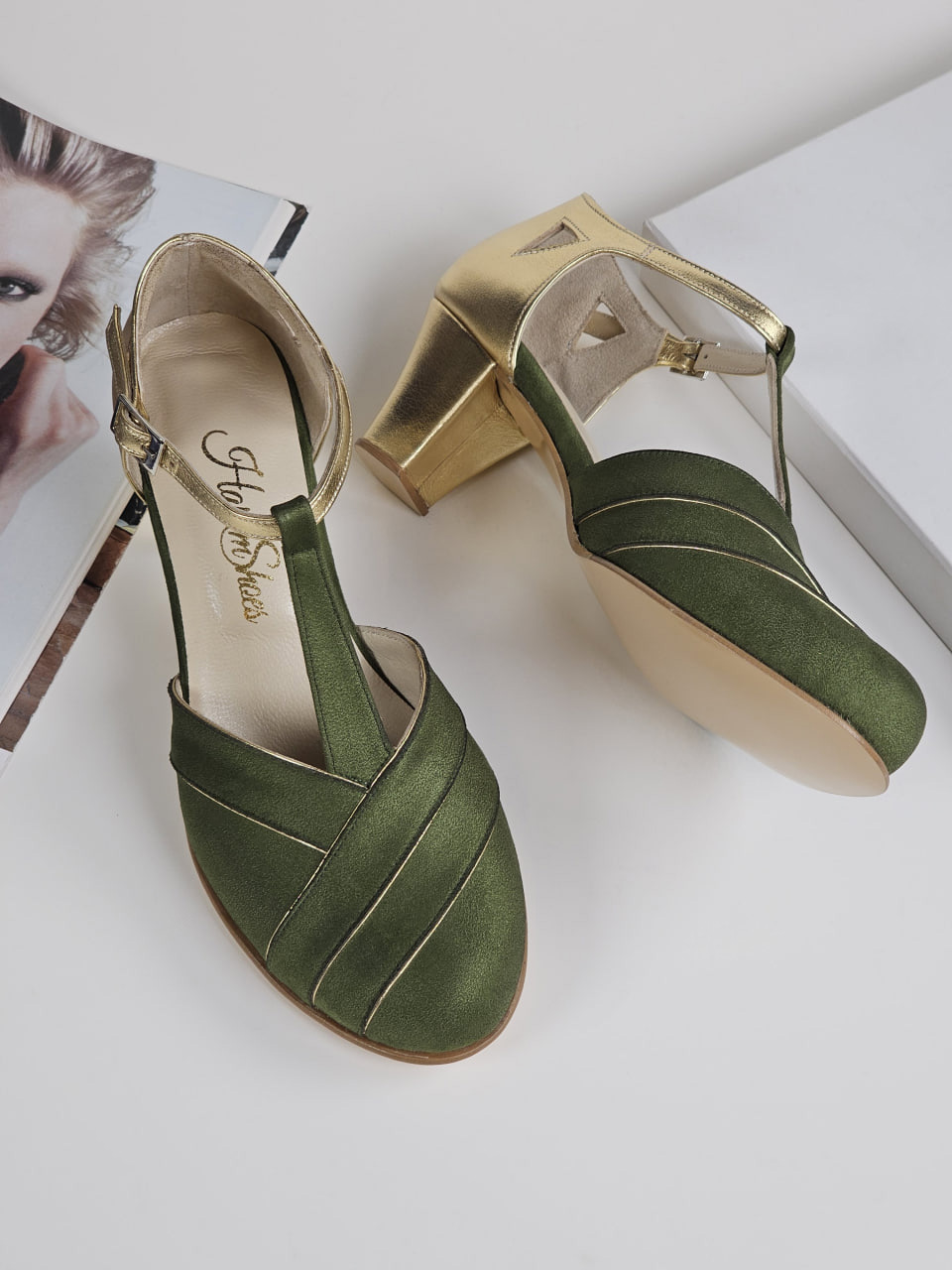 Sugar Green Textile & Gold Leather 6 cm Balboa heels