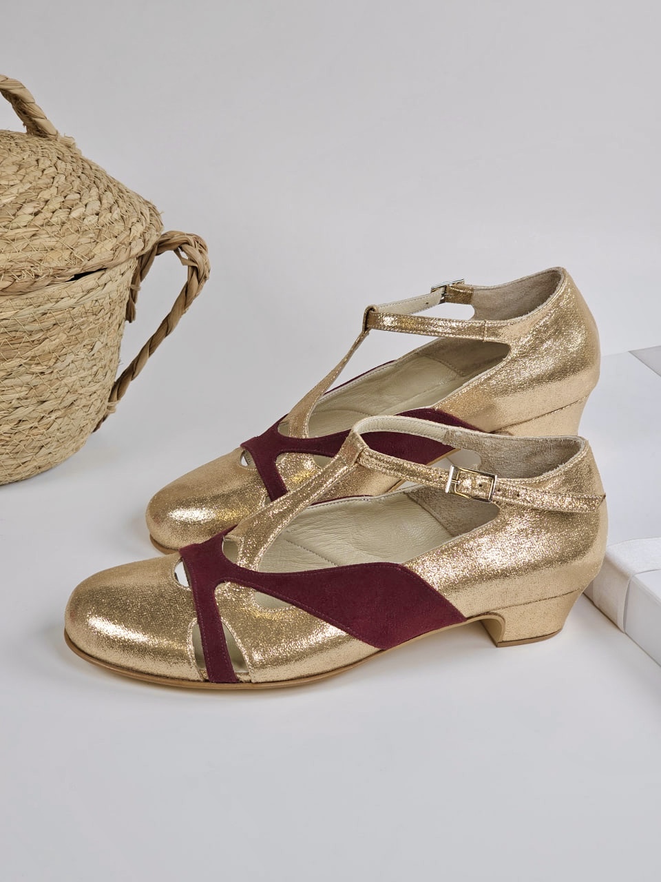 Spring Vegan Rose Gold Textile & Bordeaux Suede 4 cm