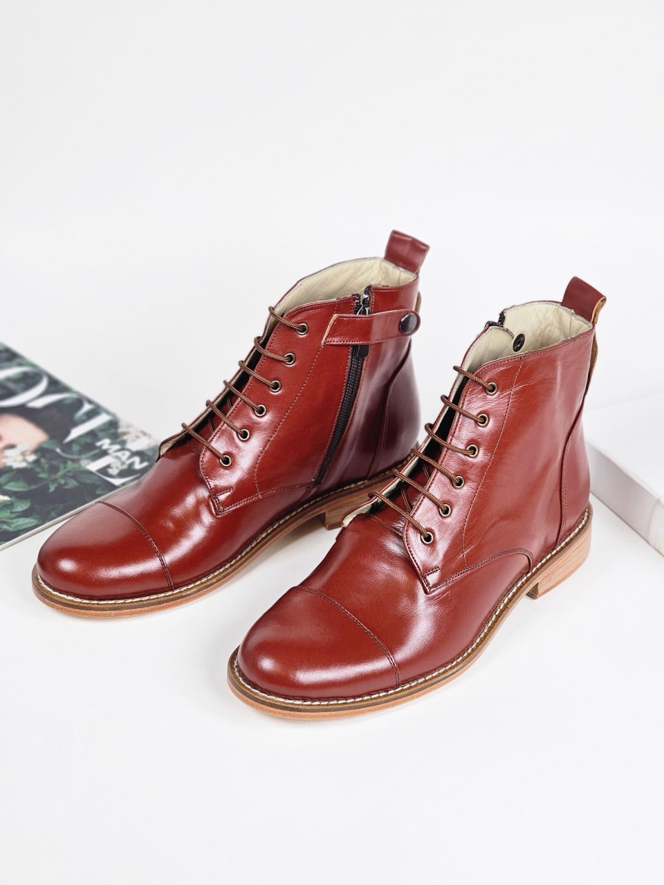 Derby Boots with Zipper Brown Leather 2 cm heel
