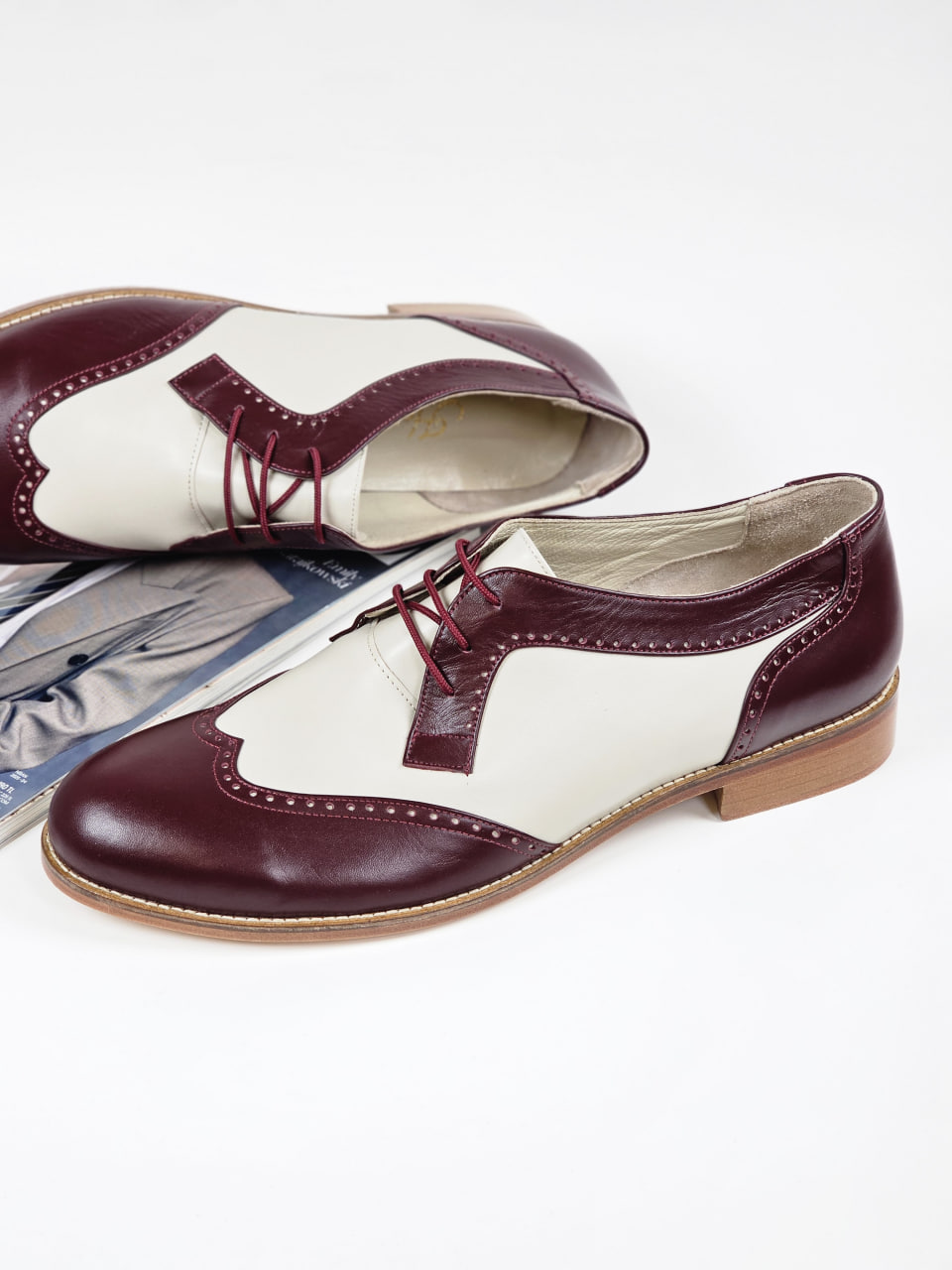 Women Oxfords Bordeaux & Beige Leather 2 cm heel