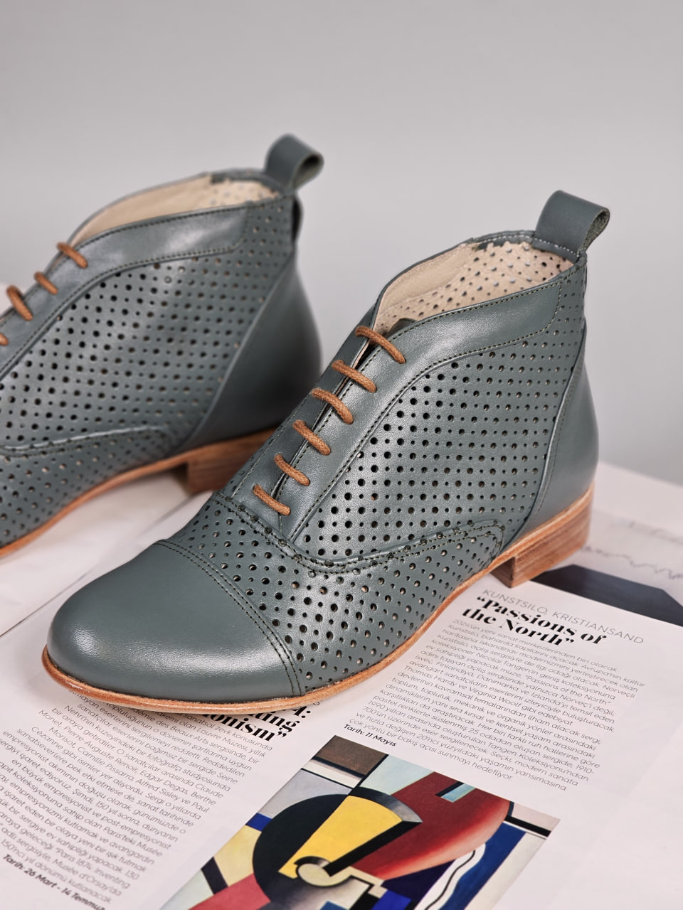 Smooth Boots Perforated Teal Green Leather 2 cm heel