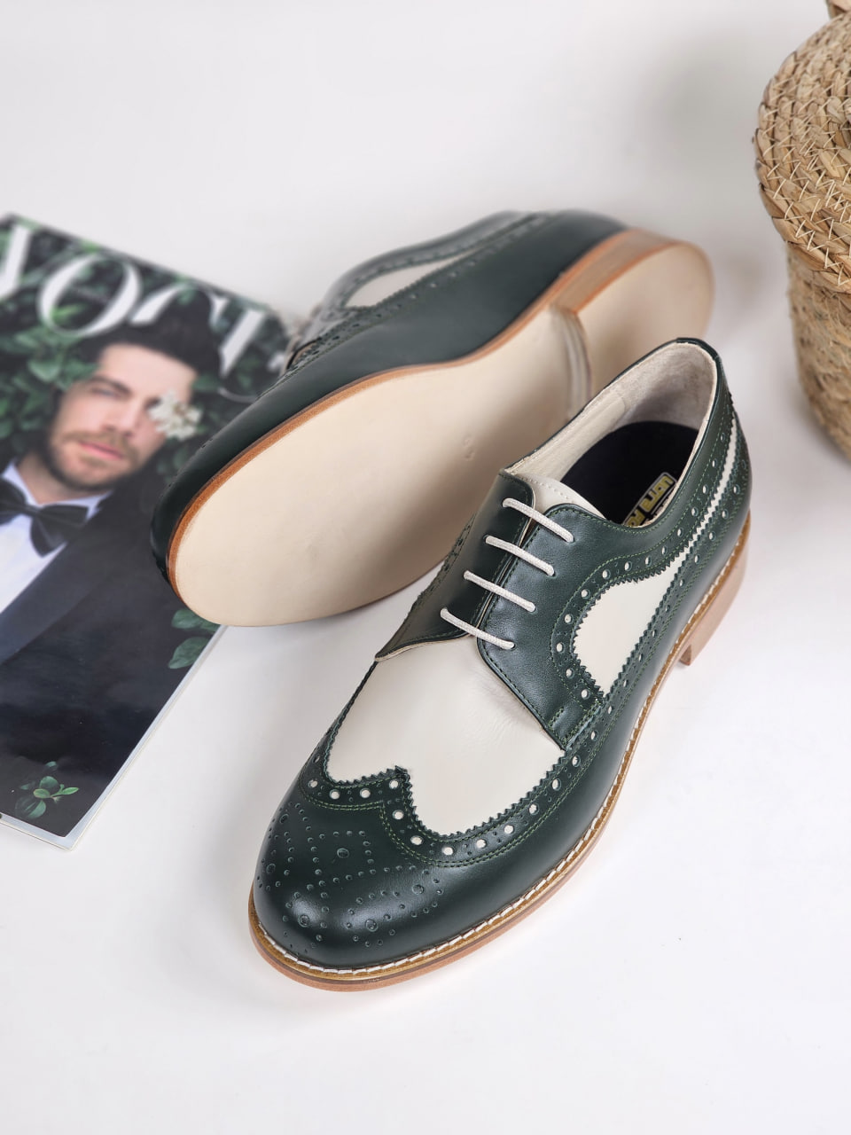 Broadway Slide Jungle Green & Beige Leather 2 cm heel