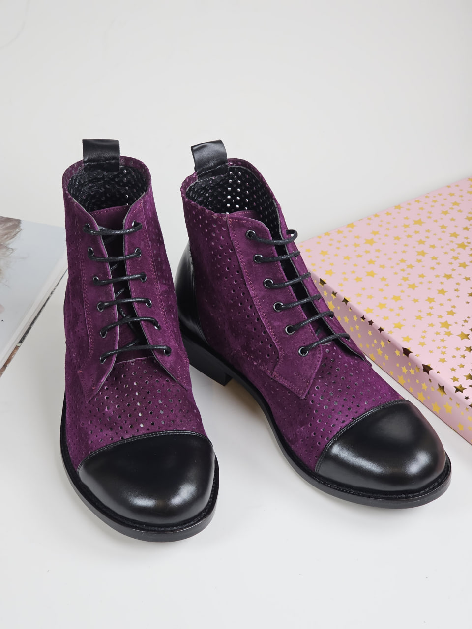 Derby Boots Purple Suede & Black Leather 2 cm  heel