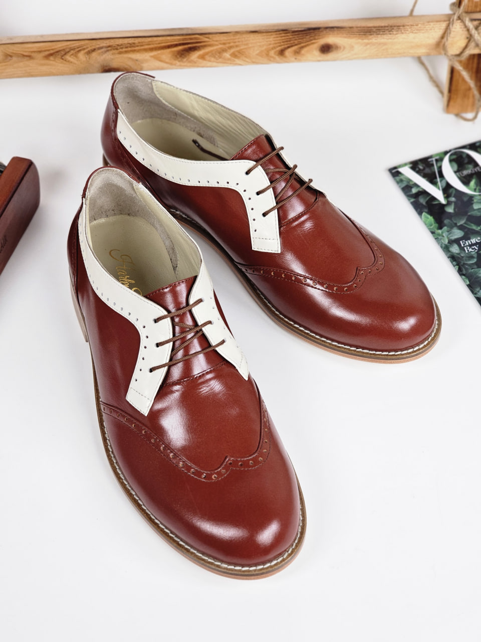 Men Oxfords Brown Leather & Broken White Line 2 cm heel