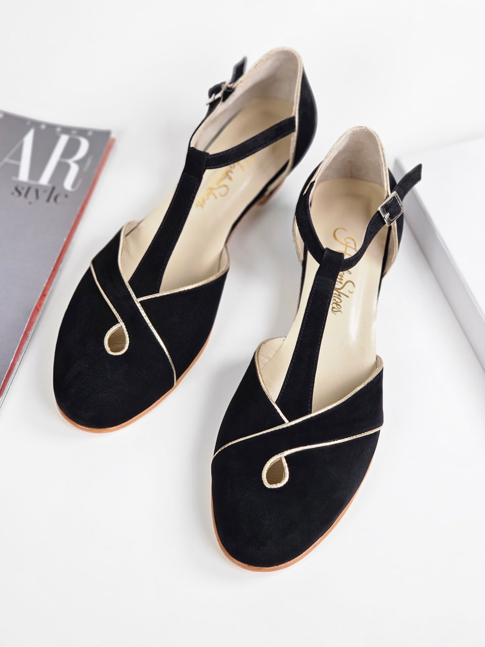 Muse Black Suede With Platinum Gold Lines 4 cm heel