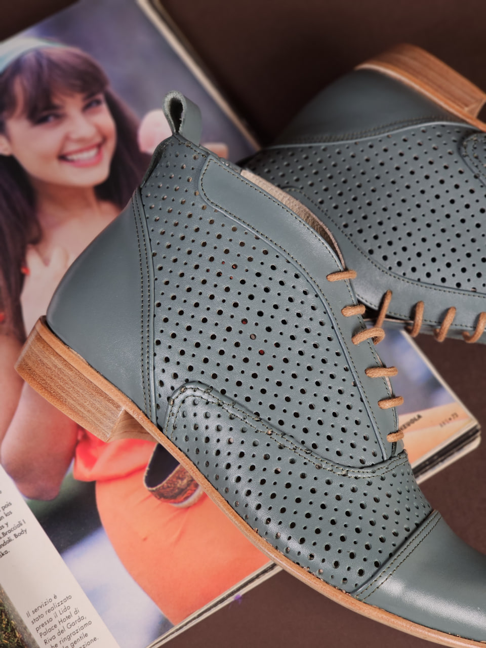Smooth Boots Perforated Teal Green Leather 2 cm heel