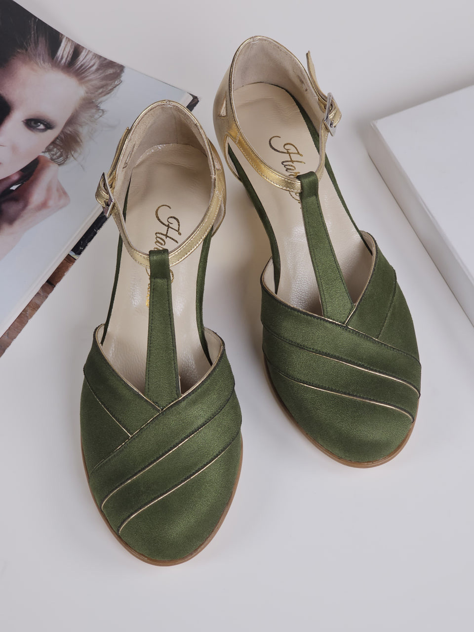 Sugar Green Textile & Gold Leather 6 cm Balboa heels