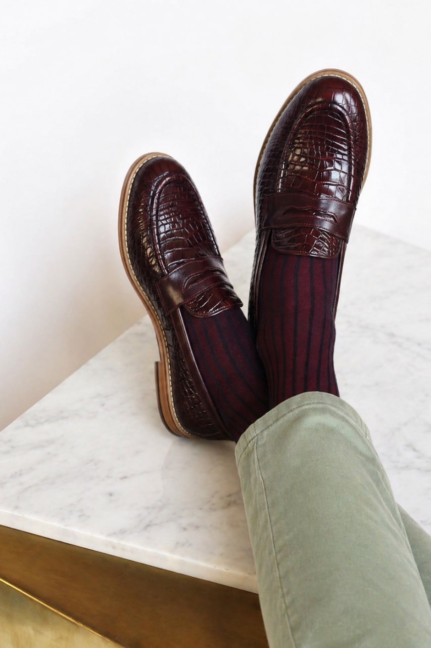 Loafers Bordeaux Crocodile-Printed Leather 2 cm heel