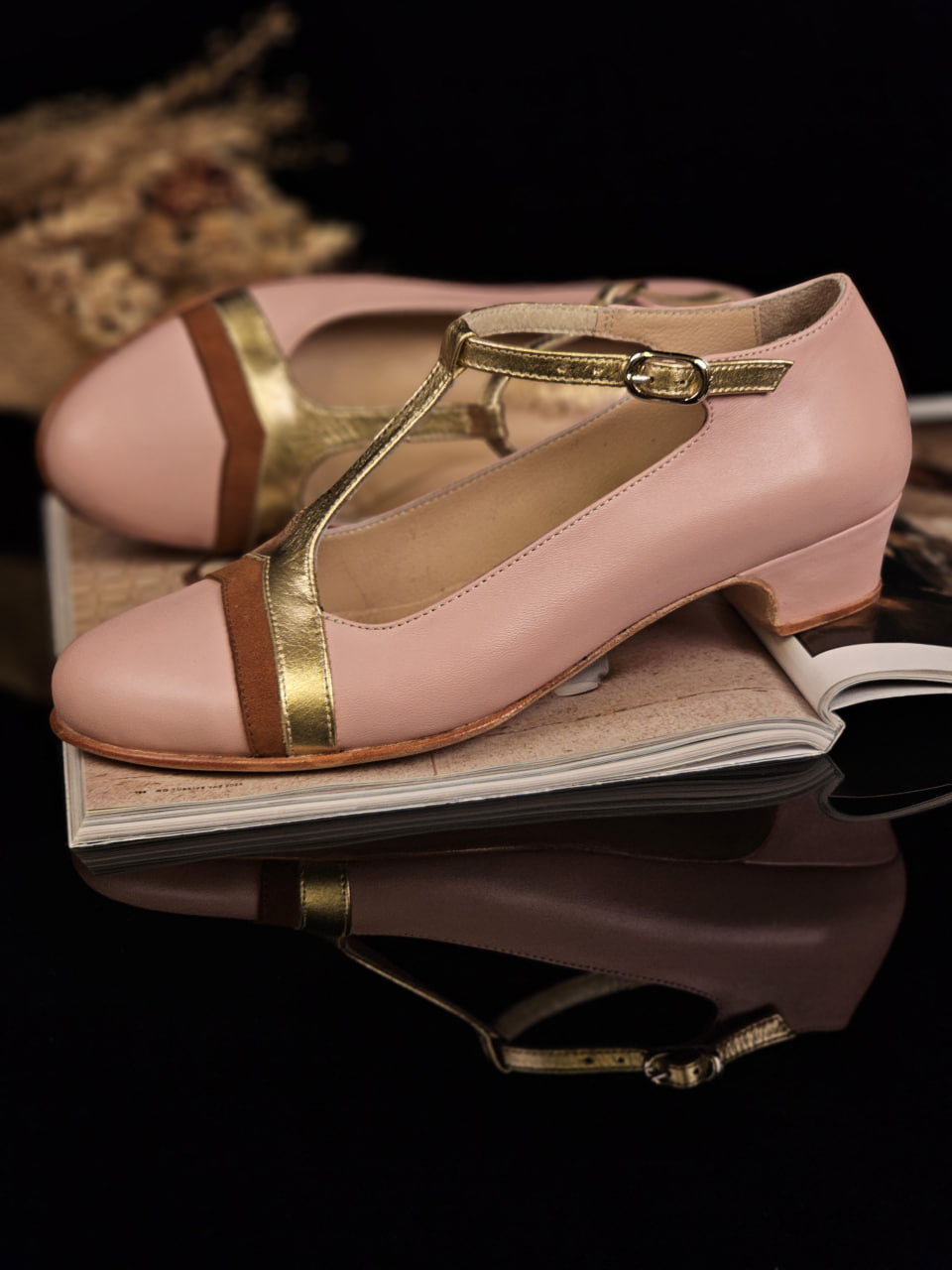 Barbie Pink & Gold Leather & Caramel Suede 3 cm heel