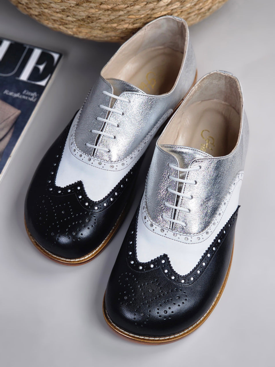 Barefoot Brogue Black & White & Silver Leather 2cm heel