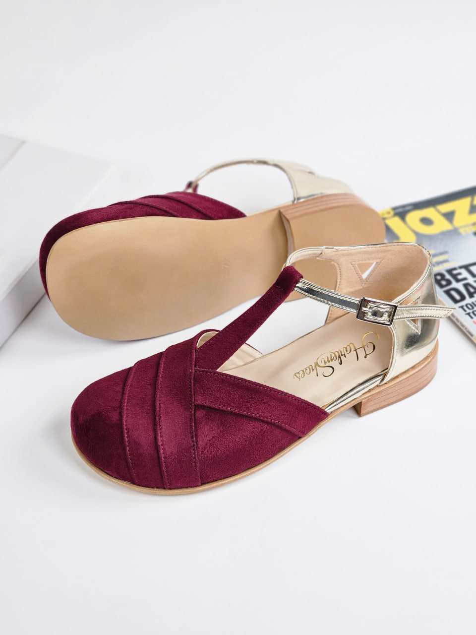 Barefoot Sugar Vegan Bordeaux Suede & Platinum Gold Leather 2 cm heel