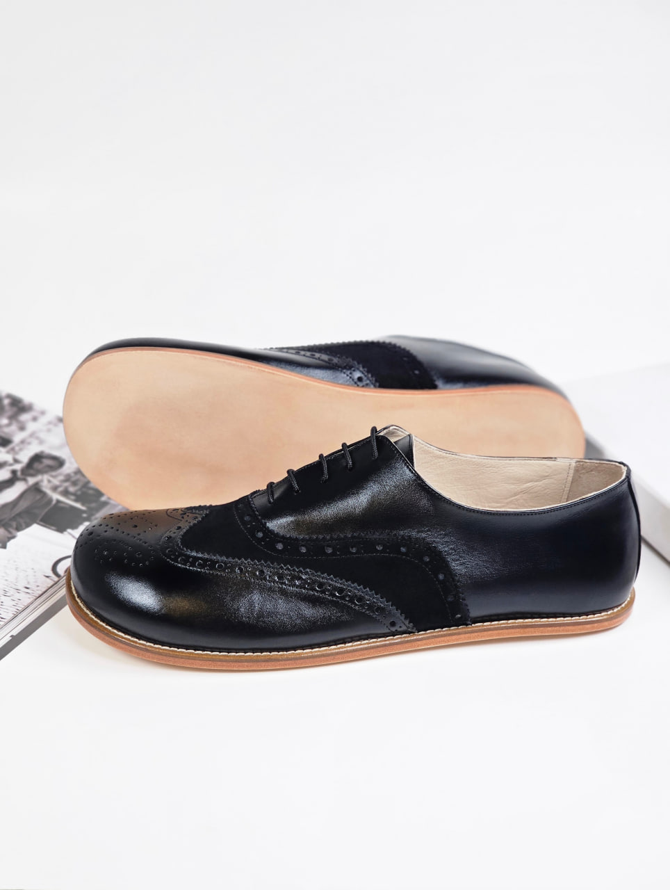 Barefoot Brogue Black Leather & Suede Zero Drop