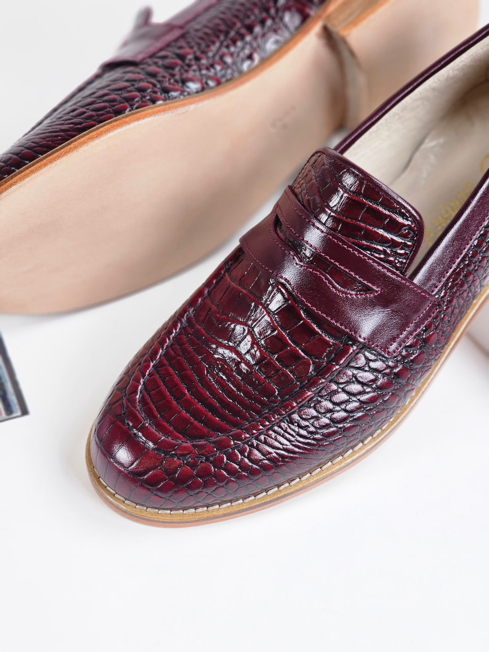 Loafers Bordeaux Crocodile-Printed Leather 2 cm heel