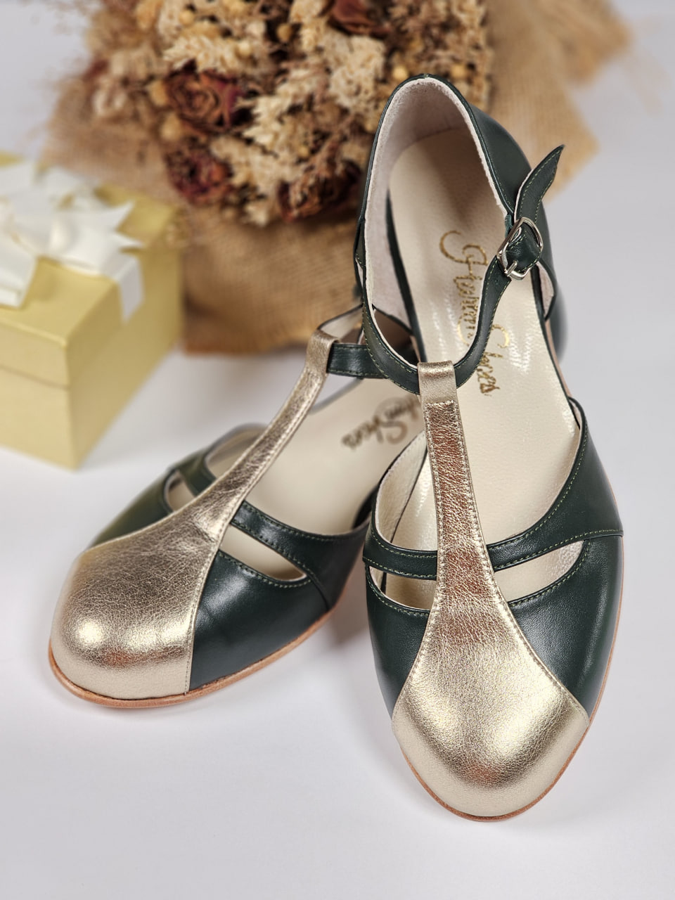Isabel Jungle Green & Platinum Gold Leather 3 cm heel