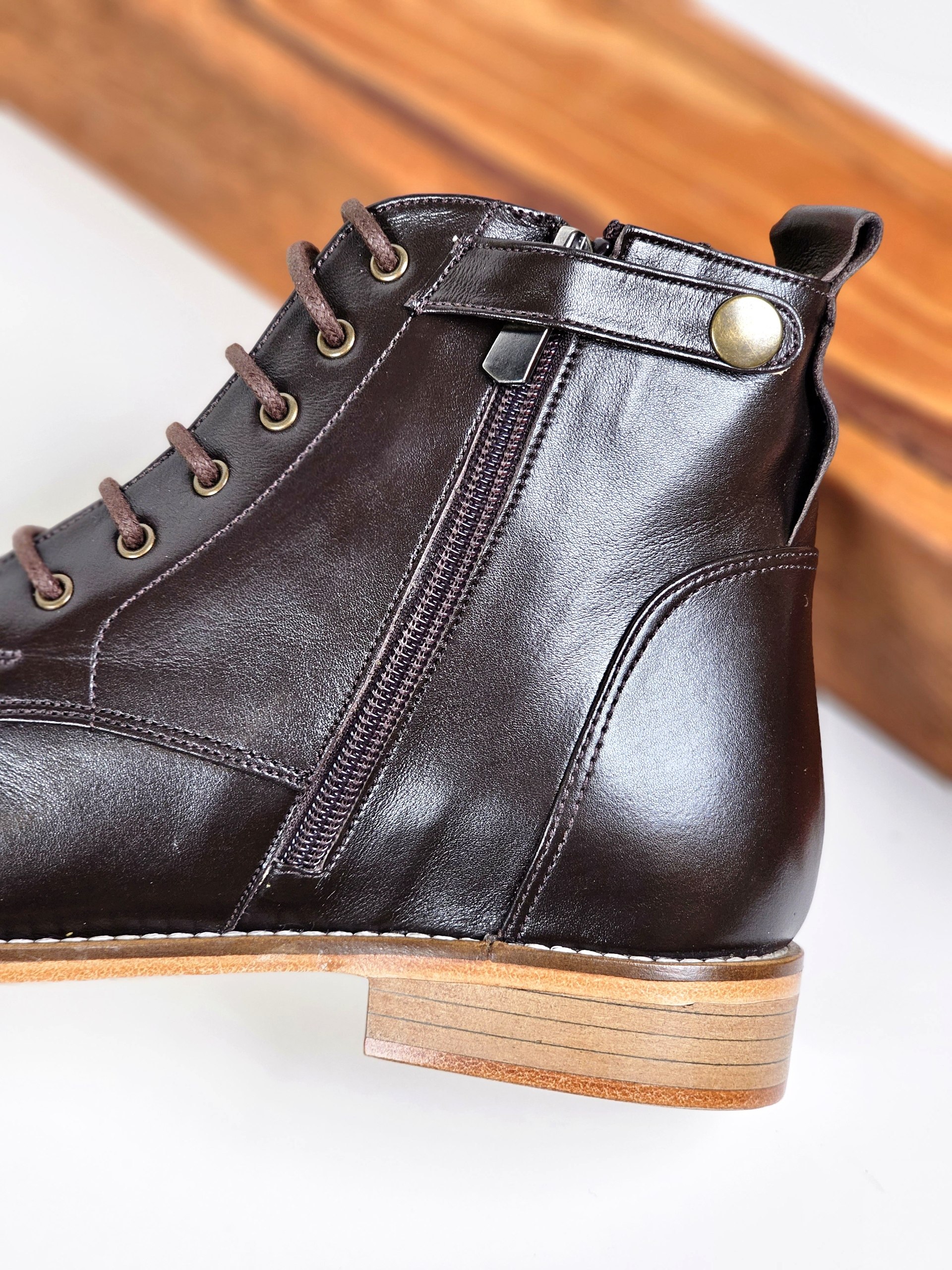 Derby Boots with Zipper Dark Chocolate Leather 2 cm heel