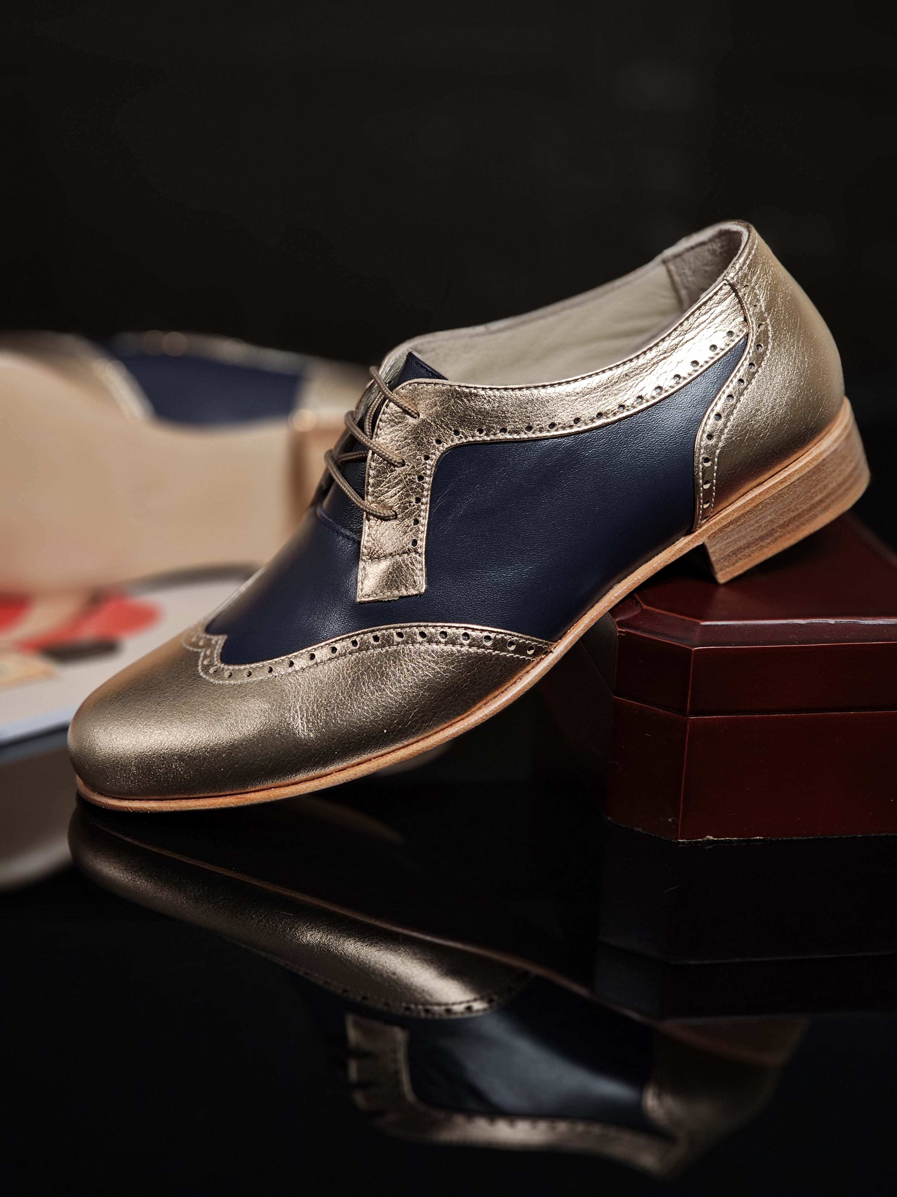 Women Oxfords Rose Gold & Dark Blue Leather 2 cm heel