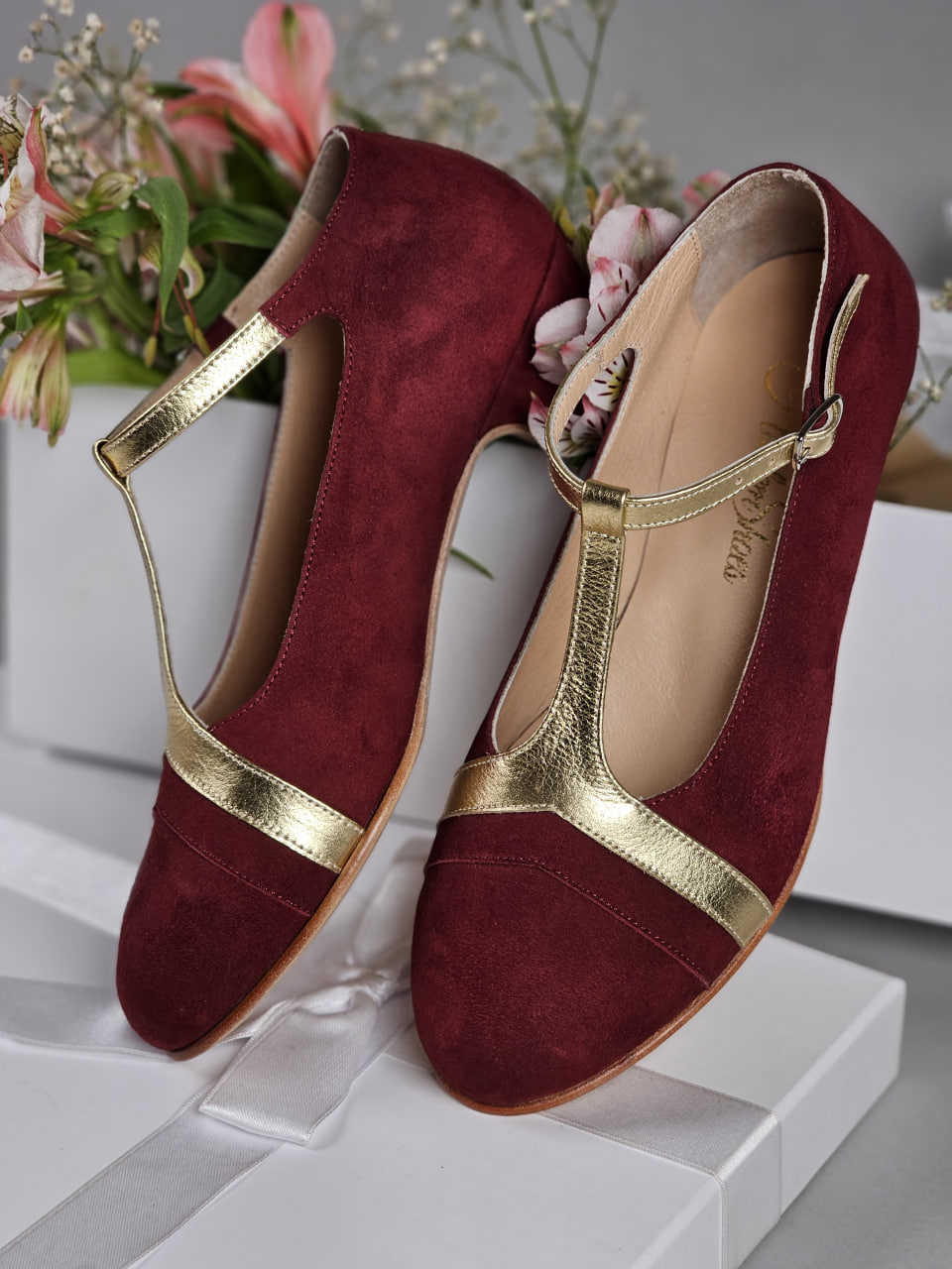 Barbie Bordeaux Suede & Gold Leather 3 cm heel