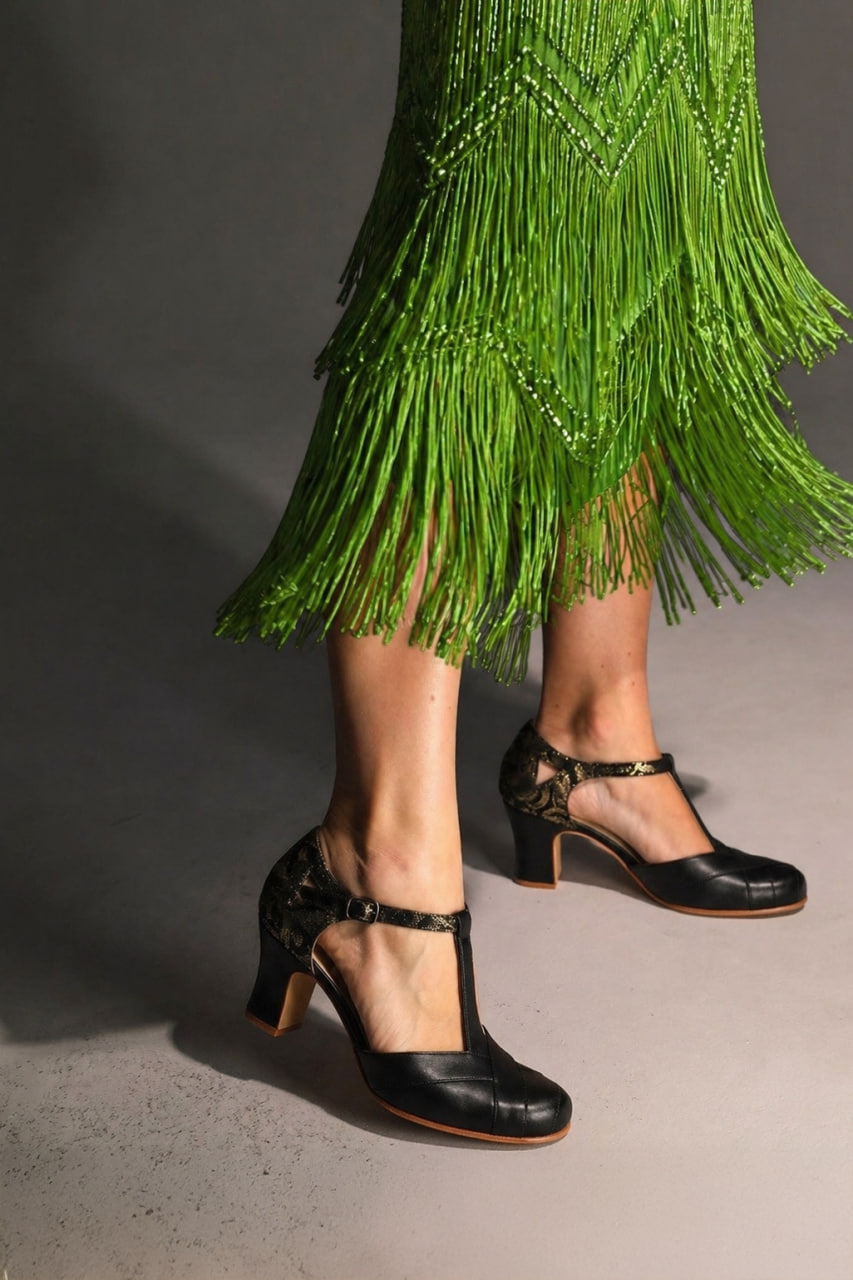 Sugar Black leather & Golden 6 cm heel