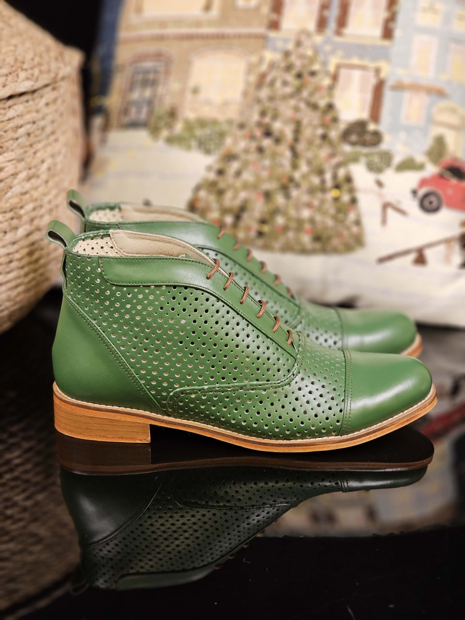 Smooth Boots Perforated Avocado Green Leather 2 cm heel