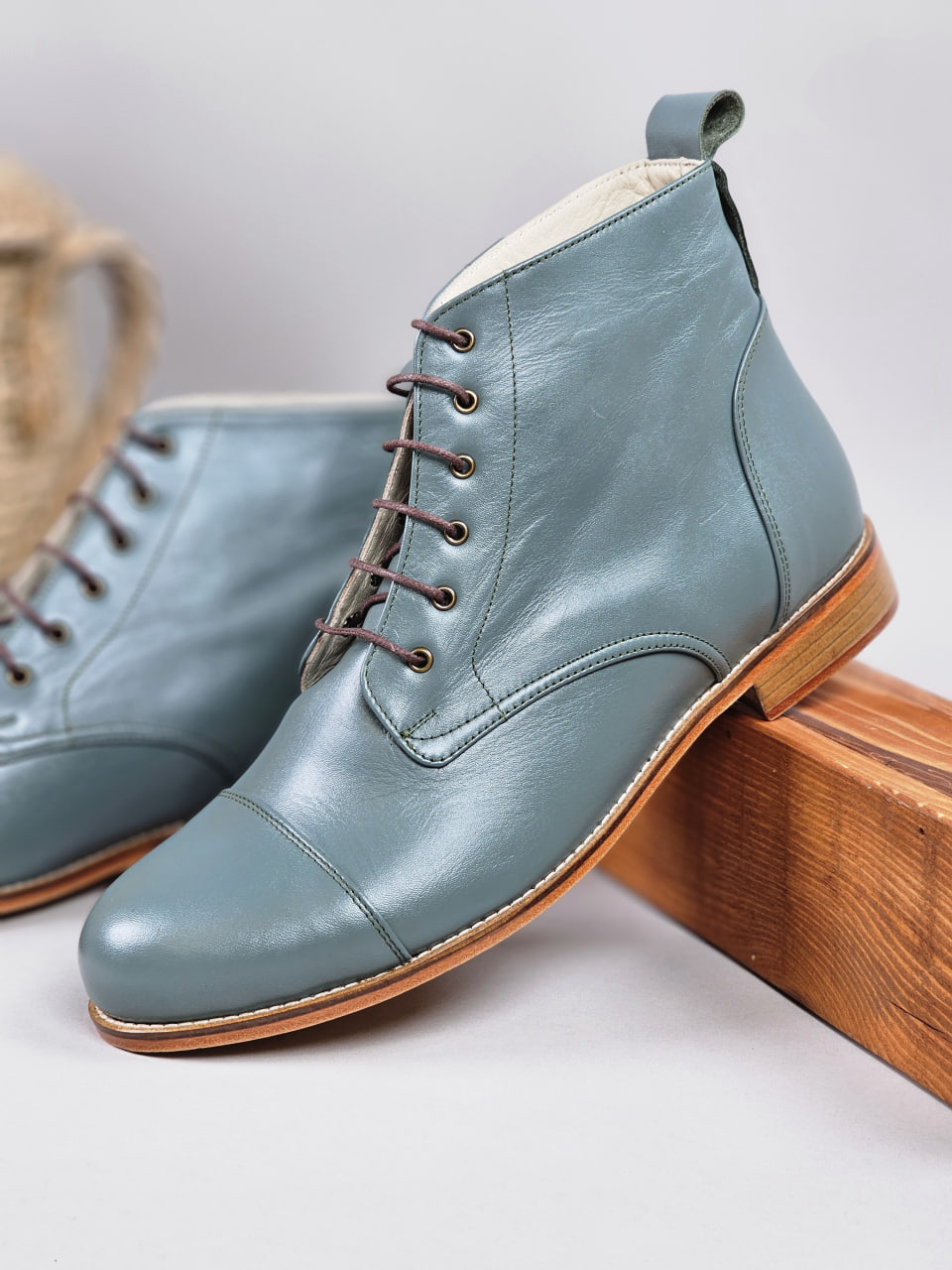 Derby Boots Teal Green Leather 2  cm heel