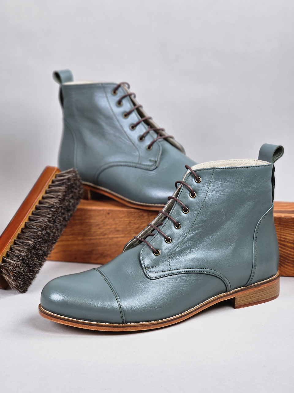 Derby Boots Teal Green Leather 2cm heel