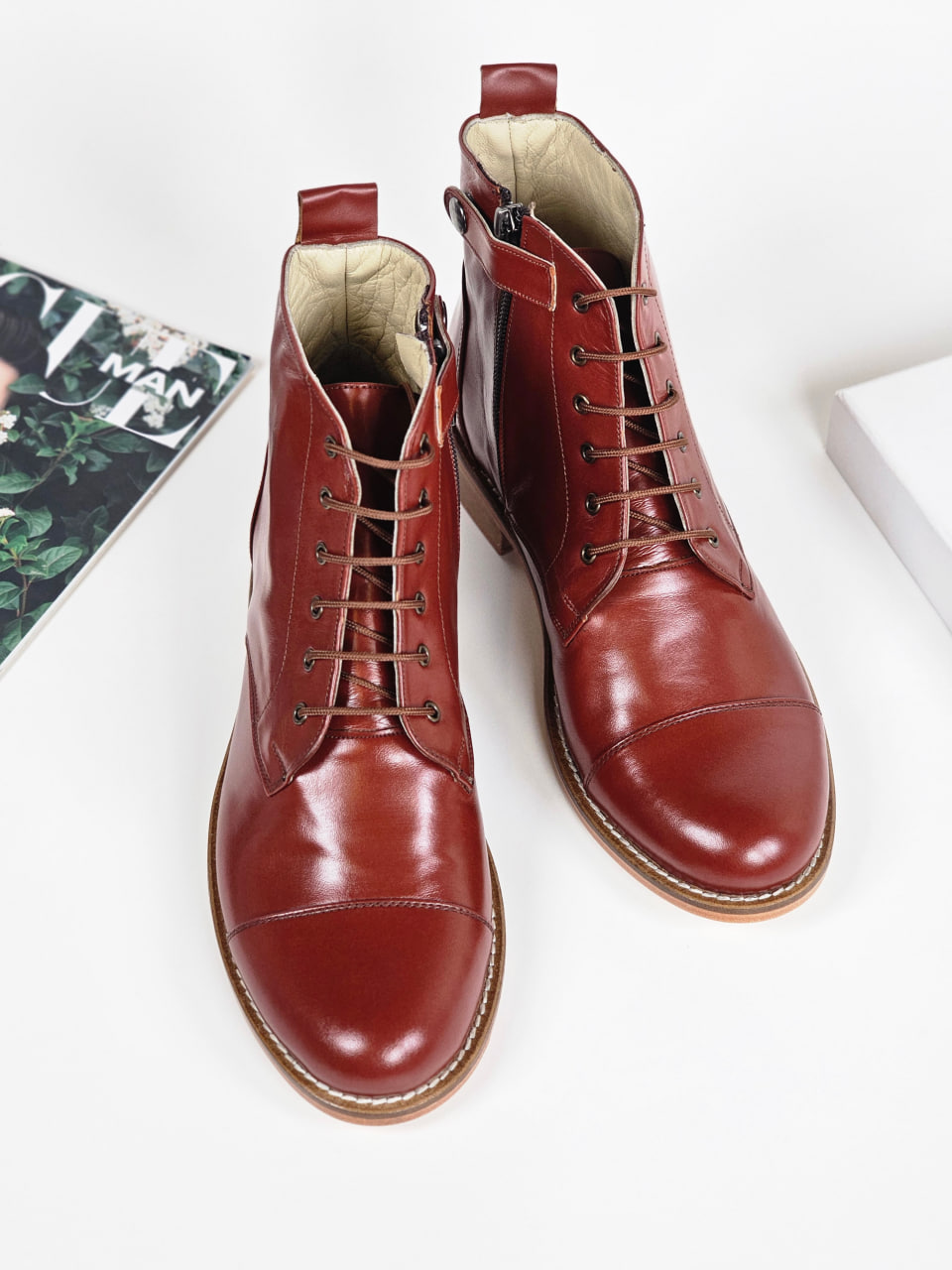 Derby Boots with Zipper Brown Leather 2 cm heel