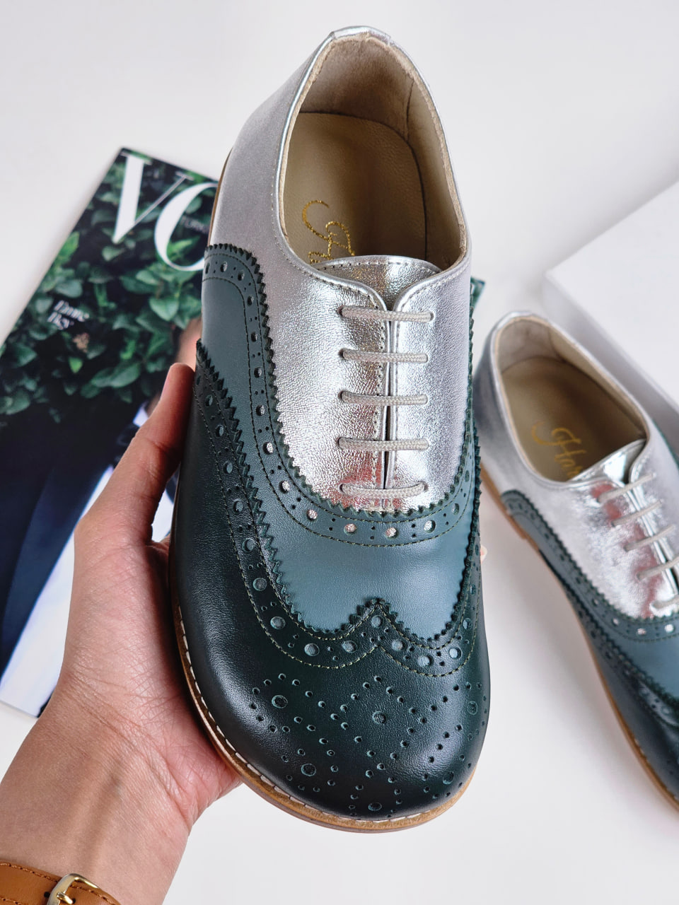 Barefoot Brogue Jungle Green & Teal Green & Silver leather 1 cm heel