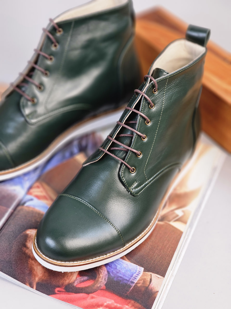 Derby Boots Jungle Green Leather with Eva sole