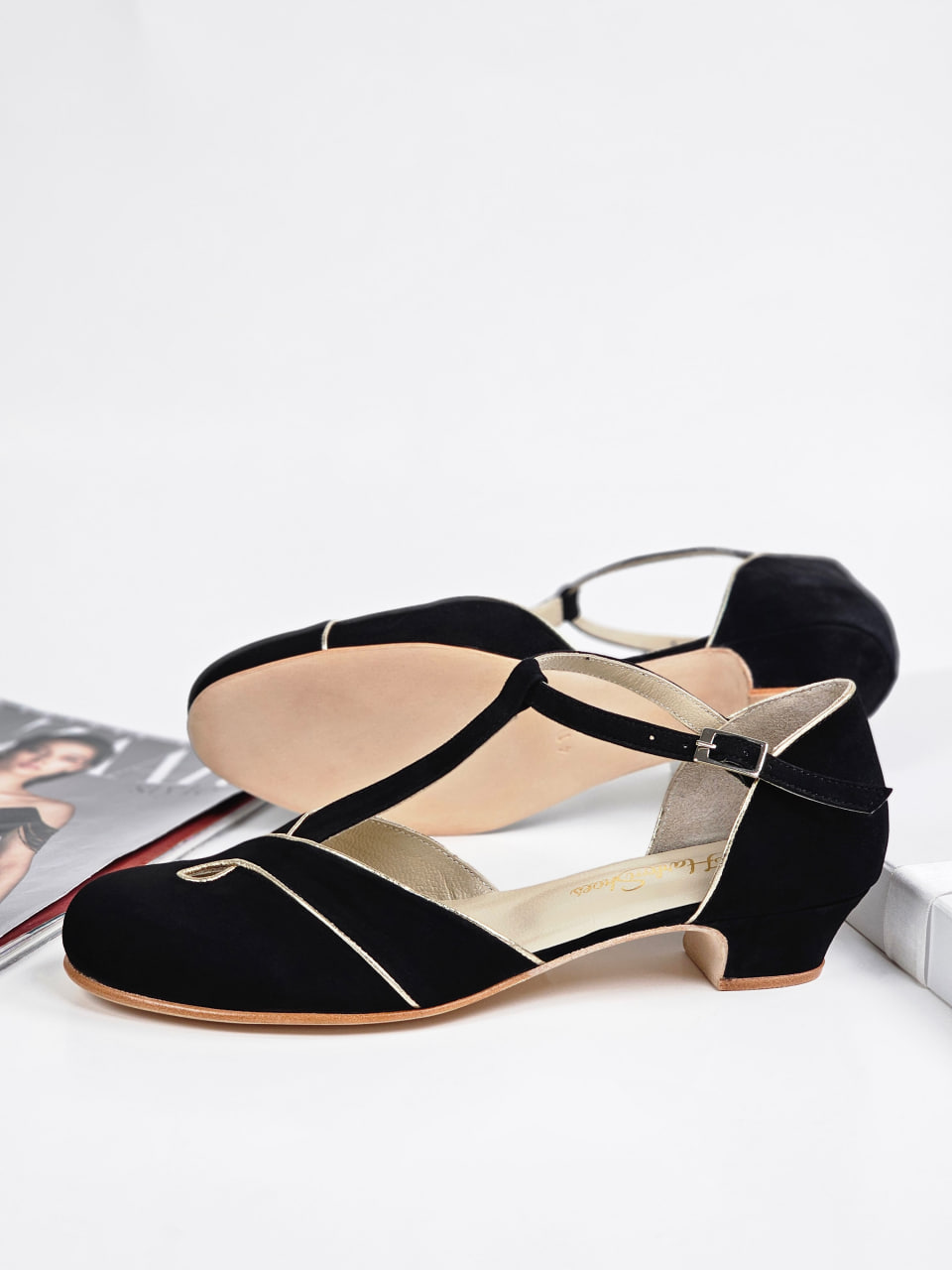 Muse Black Suede With Platinum Gold Lines 4 cm heel