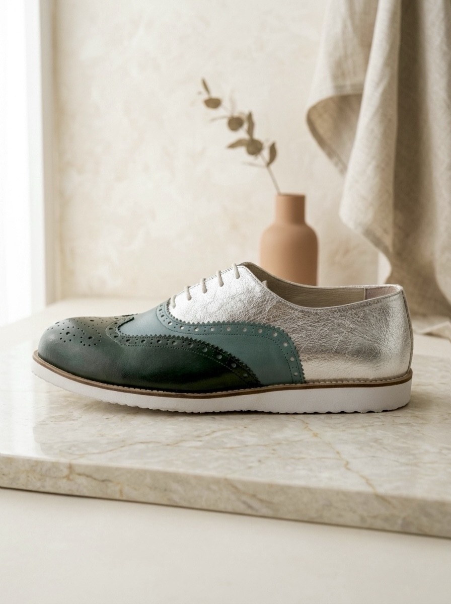 Brogue Jungle Green & Teal Green & Silver leather with Eva sole