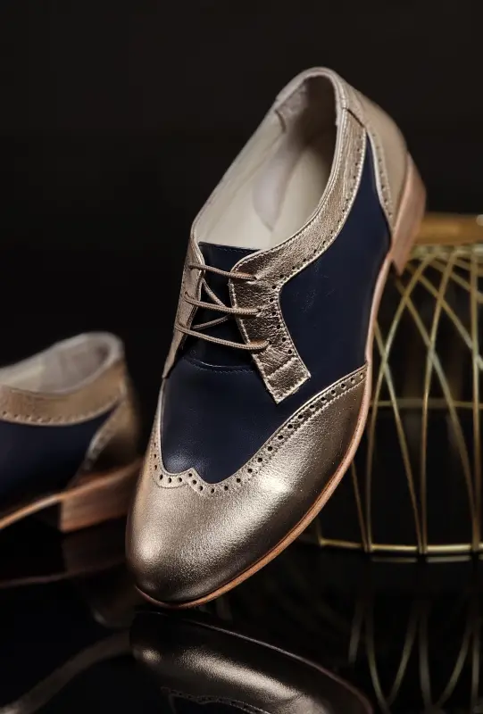 Women Oxfords Rose Gold & Dark Blue Leather 2 cm heel