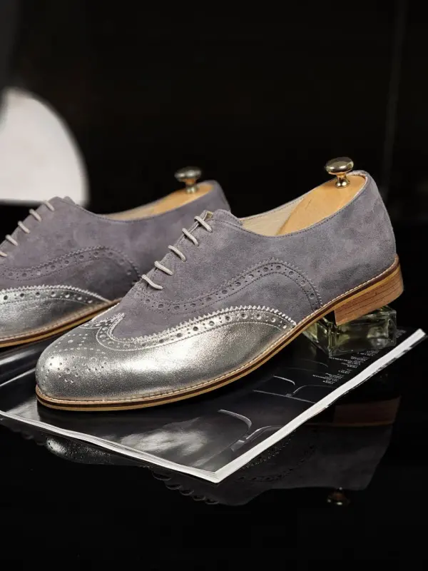 Brogue Grey Suede & Silver Leather 2cm heel