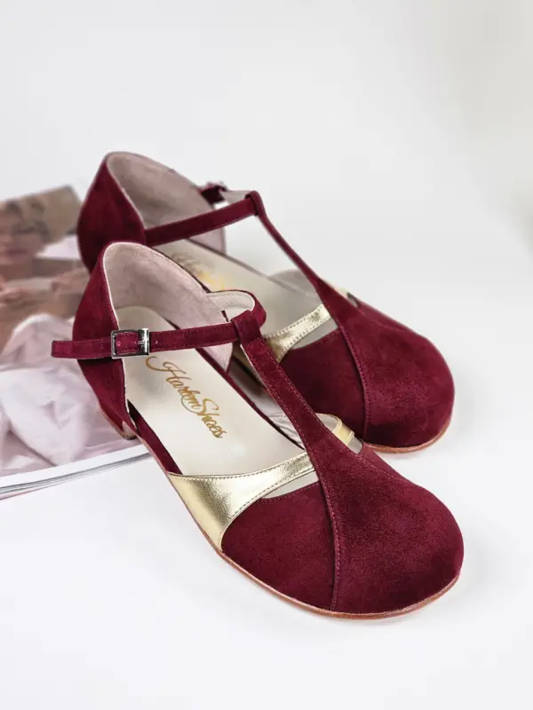 Barefoot Isabel Bordeaux Suede & Gold Leather 4 cm heel