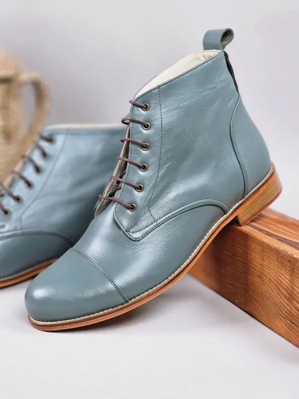 Derby Boots Teal Green Leather 2cm heel