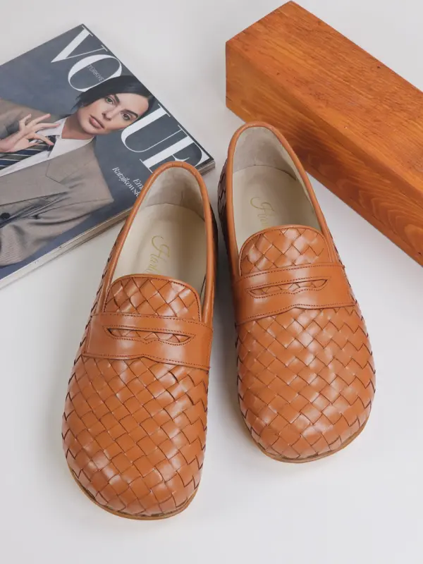 Barefoot Loafers Light Brown Weave Leather Zero Drop