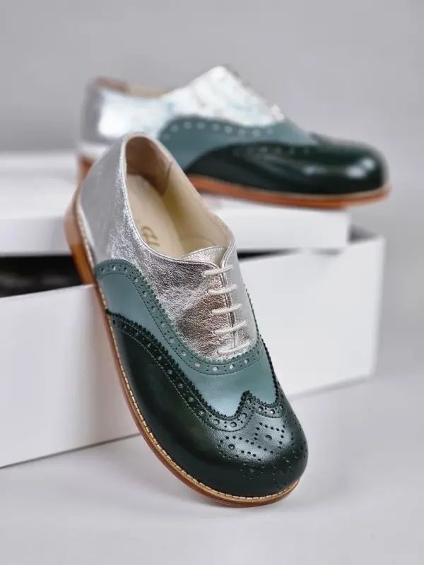 Barefoot Brogue Jungle Green & Teal Green & Silver leather 2 cm heel