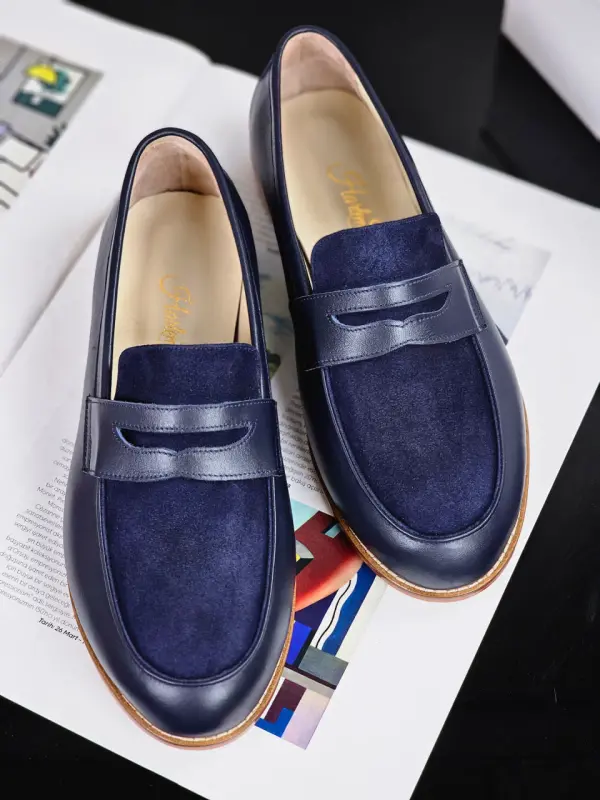 Loafers Dark Blue Leather & Suede 2 cm heel