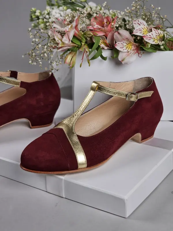 Barbie Bordeaux Suede & Gold Leather 3 cm heel