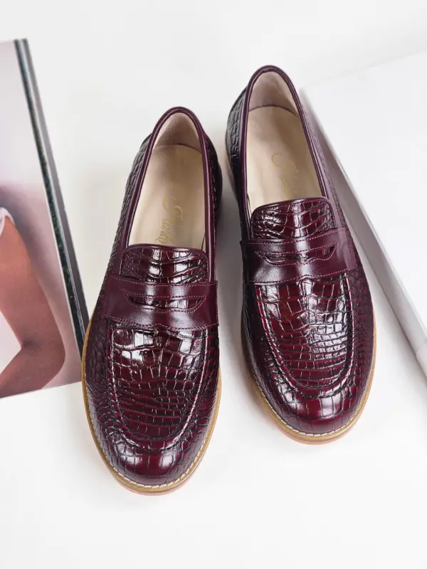 Loafers Bordeaux Crocodile-Printed Leather 2 cm heel