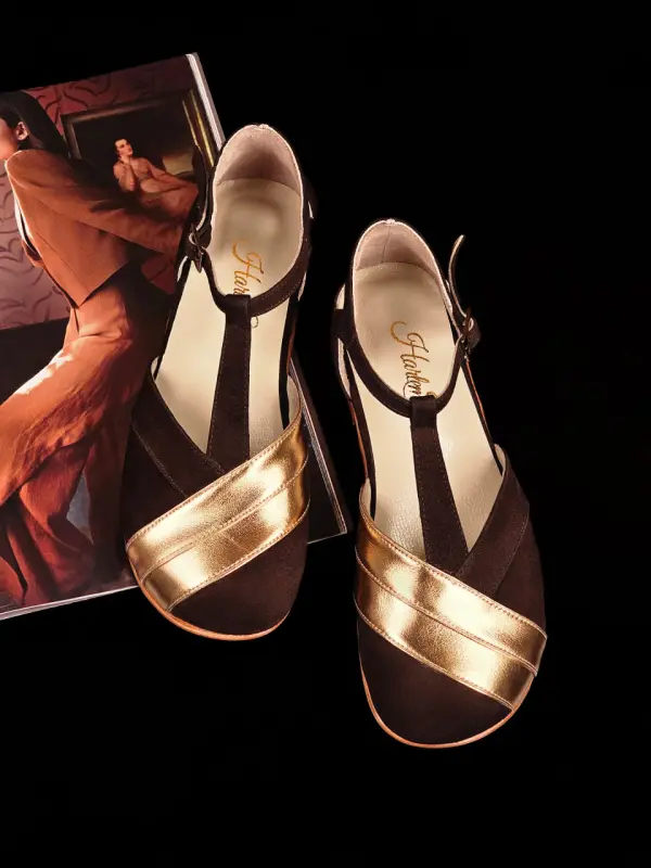 Barefoot Sugar Dark Chocolate Suede & Rose Gold Lines 2 cm heel