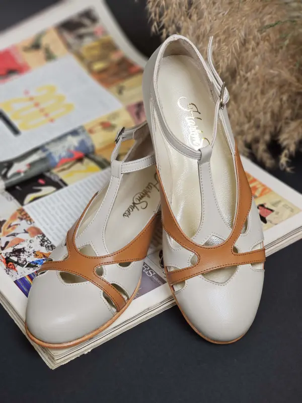Beige & Light Brown Leather 4 cm heel