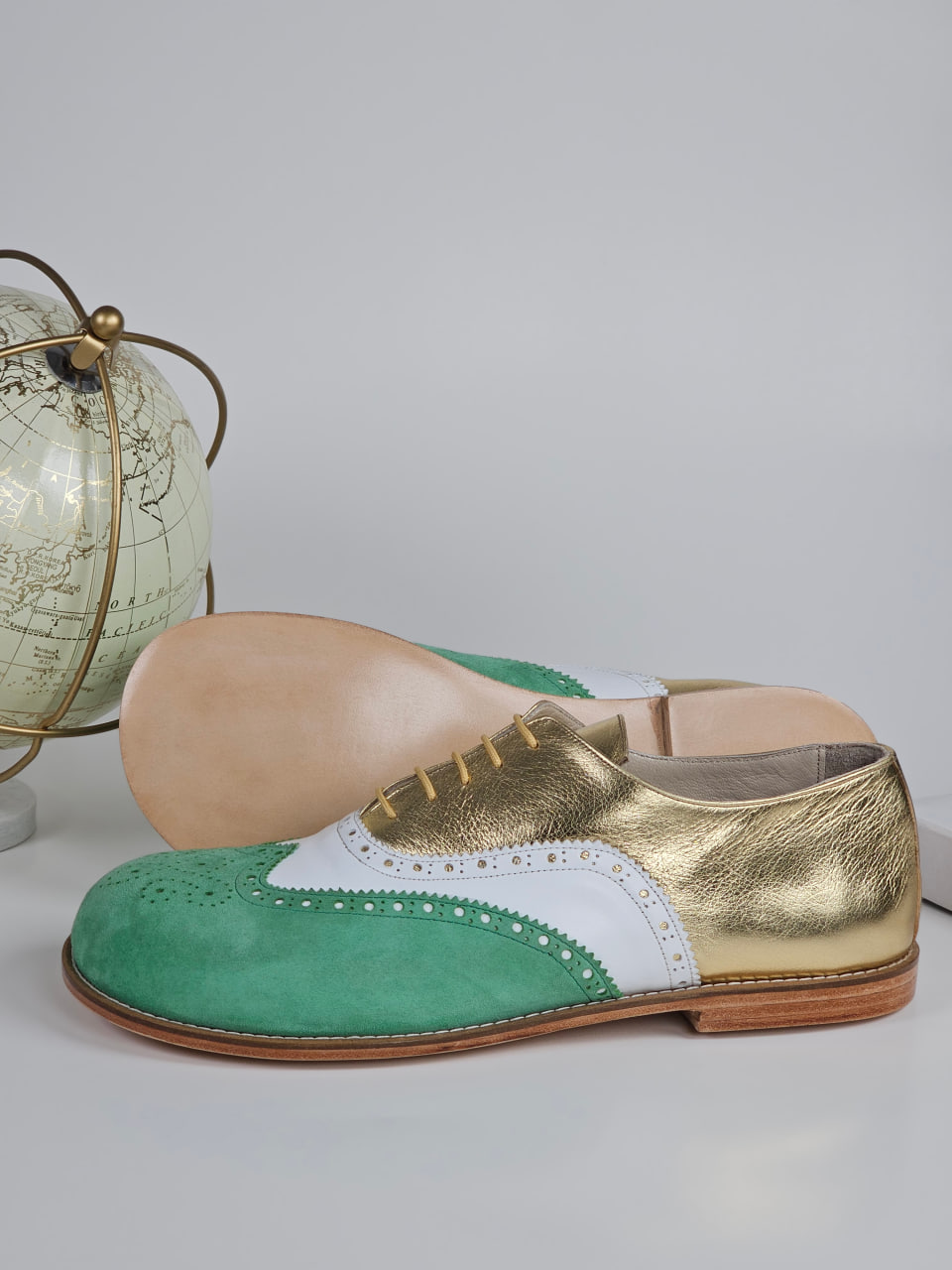 Barefoot Brogue Mint Green Suede & White & Gold Leathe 1cm heel
