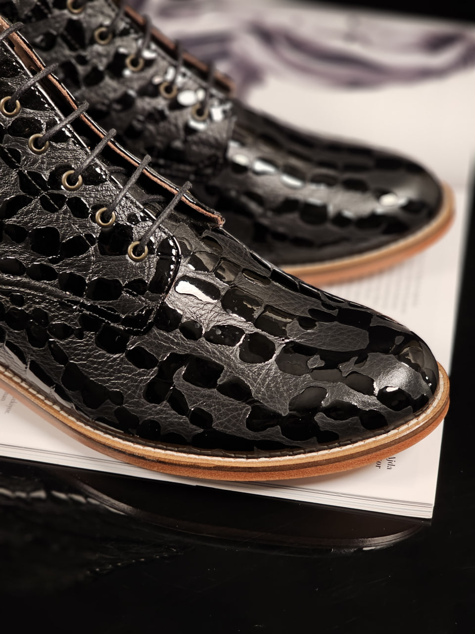 Derby Boots Black Python leather 2 cm heel