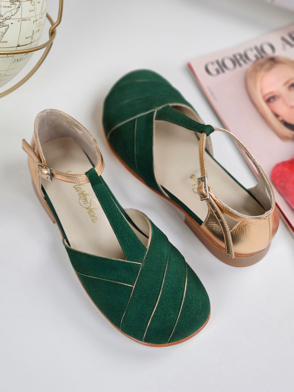 Barefoot Sugar Emerald Suede & Rose Gold Leather 2 cm heel